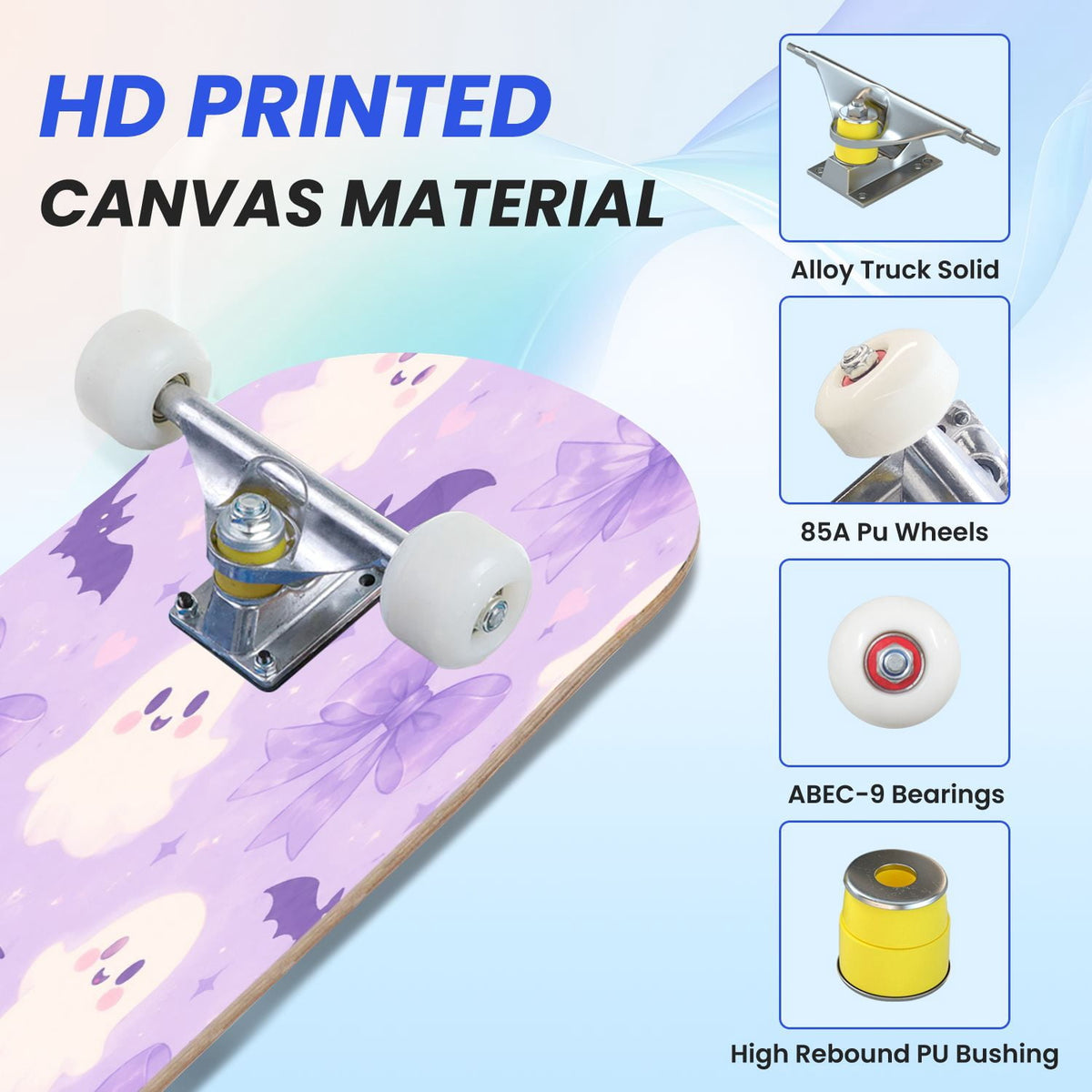 31"x8" Complete Skateboards for Beginners,Cute Ghosts Purple Bows Bats Lilac Halloween Double Kick 7 Ply Canadian Maple Deck Skateboard with Wheels, Gifts for Kids Teens