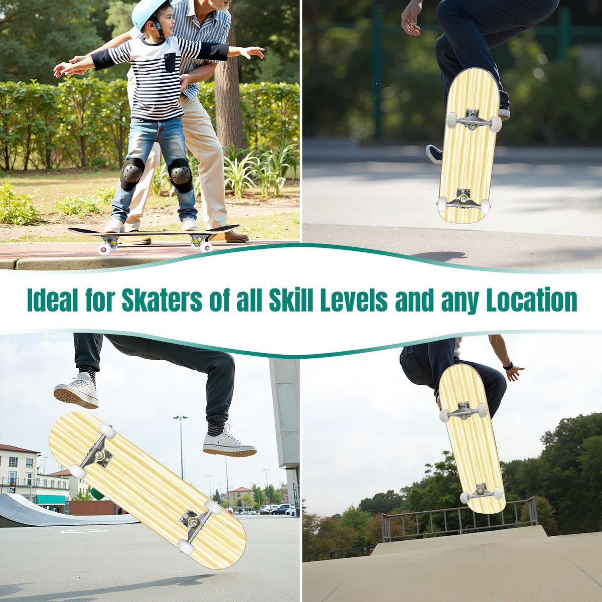 31"x8" Complete Skateboards for Beginners,Vibrant Diagonal Rainbow Gradient Abstract Art Double Kick 7 Ply Canadian Maple Deck Skateboard with Wheels, Gifts for Kids Teens