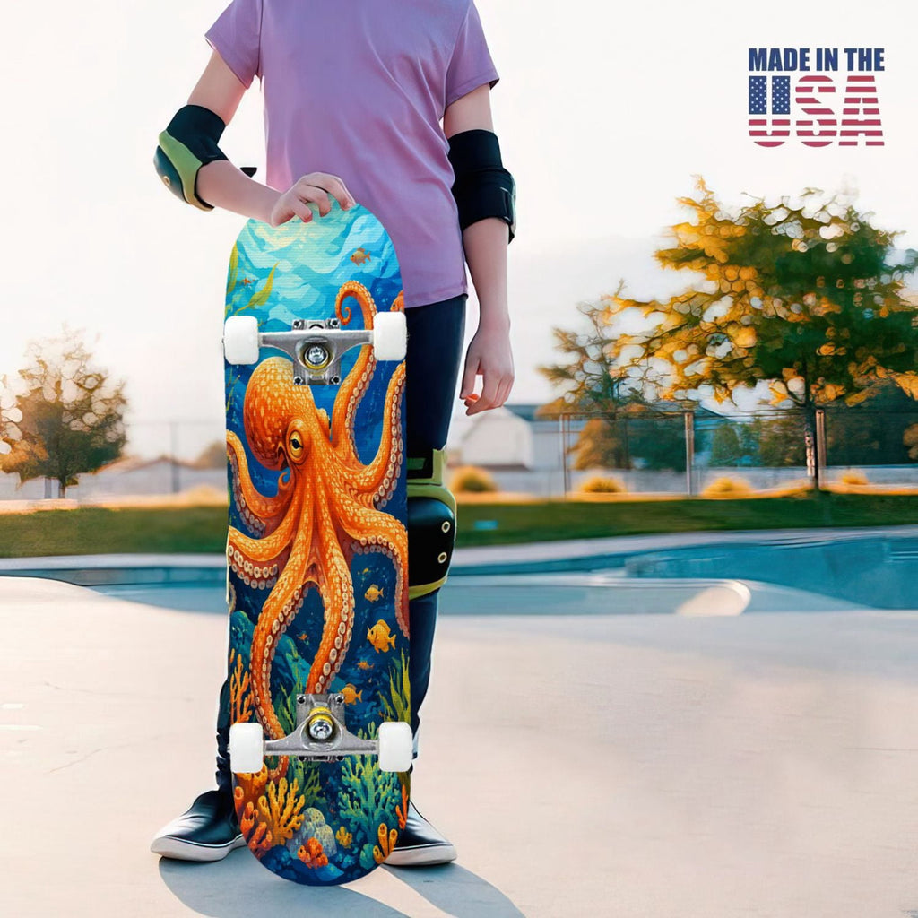 31"x8" Complete Skateboards for Beginners, Colorful Cosmic Octopus Tentacles Starry Marine Life Double Kick 7 Ply Canadian Maple Deck Skateboard with Wheels, Gifts for Kids Teens