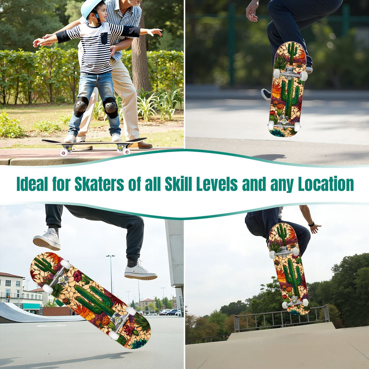 31"x8" Complete Skateboards for Beginners,Bold Stained Glass Western Double Kick 7 Ply Canadian Maple Deck Skateboard with Wheels, Gifts for Kids Teens