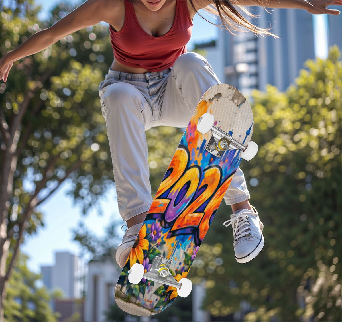 Complete Skateboard Vibrant Multicolored Abstract 31 Inch 7-Ply Maple Skateboard with PU Wheels and Aluminum Trucks, Ready-to-Ride Skateboard for Beginners, Teens and Adults