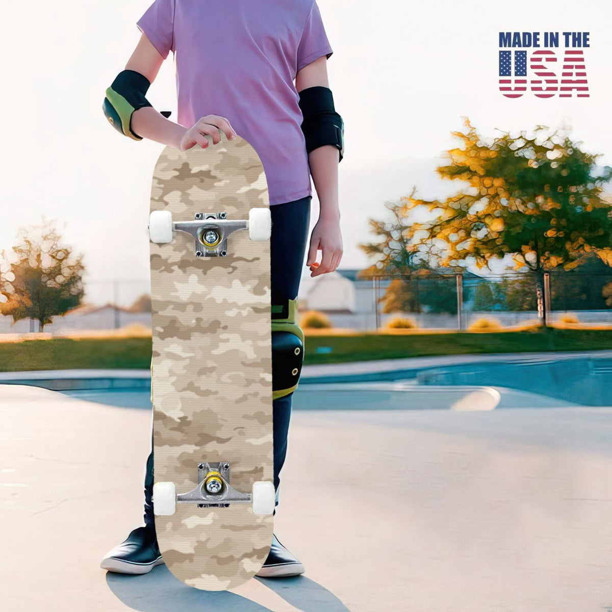 31"x8" Complete Skateboards for Beginners,Desert Camouflage Beige Tan Cream Organic Abstract Shapes Double Kick 7 Ply Canadian Maple Deck Skateboard with Wheels, Gifts for Kids Teens