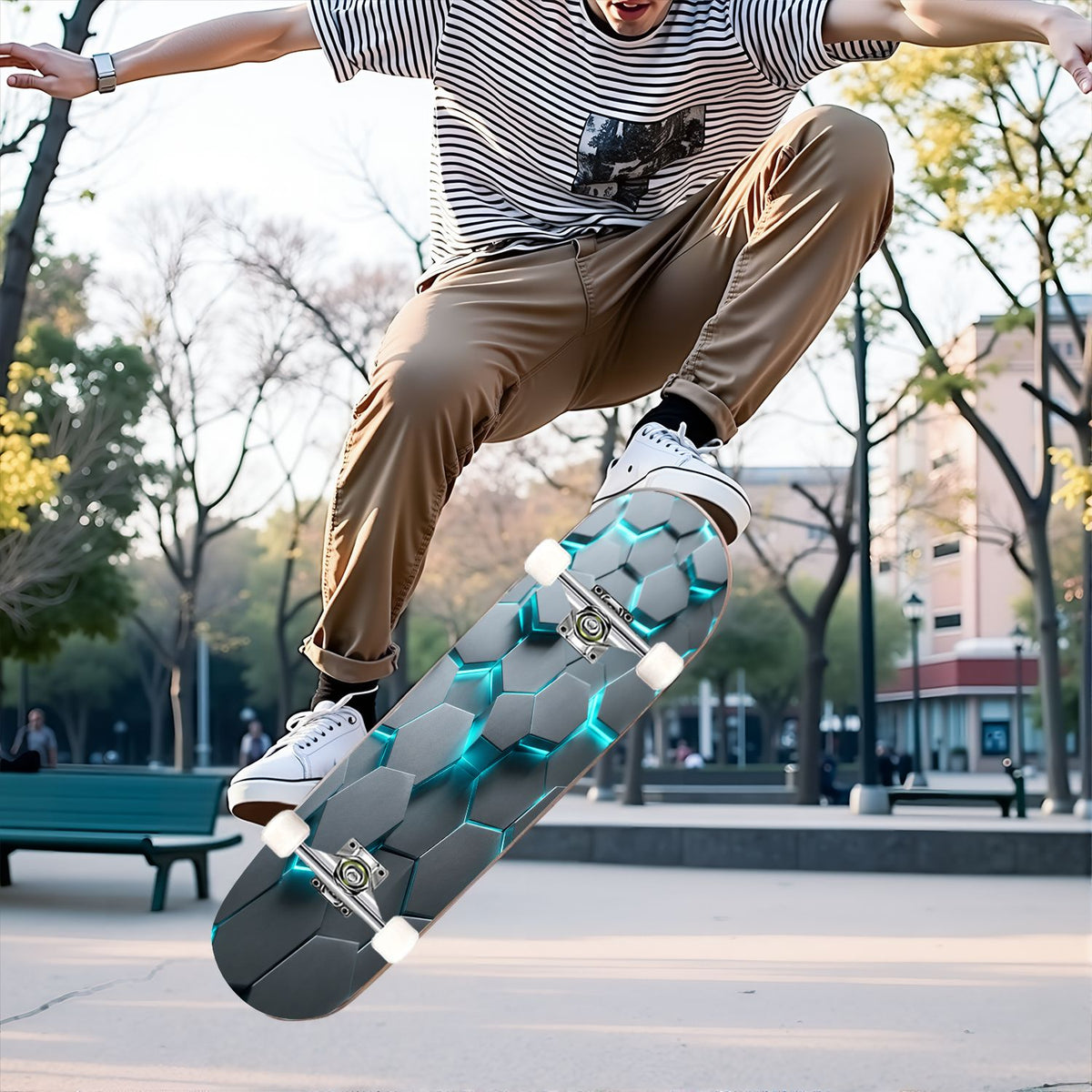 31"x8" Complete Skateboards for Beginners, Modern Abstract Hexagonal Blue Neon Glow Futuristic Double Kick 7 Ply Canadian Maple Deck Skateboard with Wheels, Gifts for Boys Teens