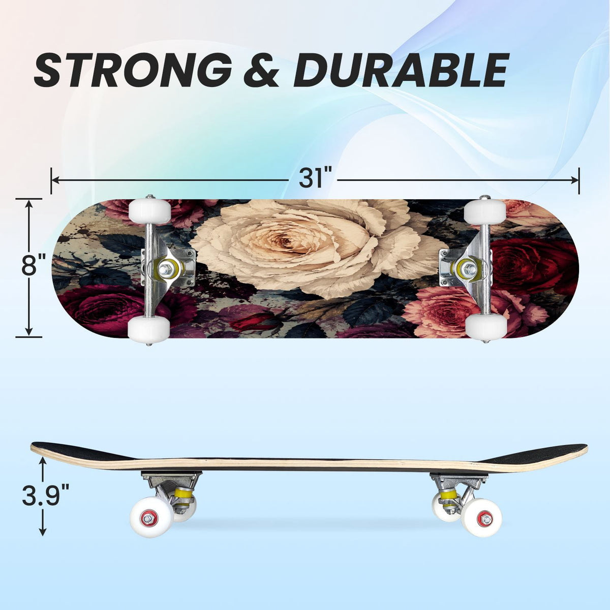 31"x8" Complete Skateboards for Beginners,Vintage Botanical Skull Flowers Elements Dark Double Kick 7 Ply Canadian Maple Deck Skateboard with Wheels, Gifts for Kids Teens