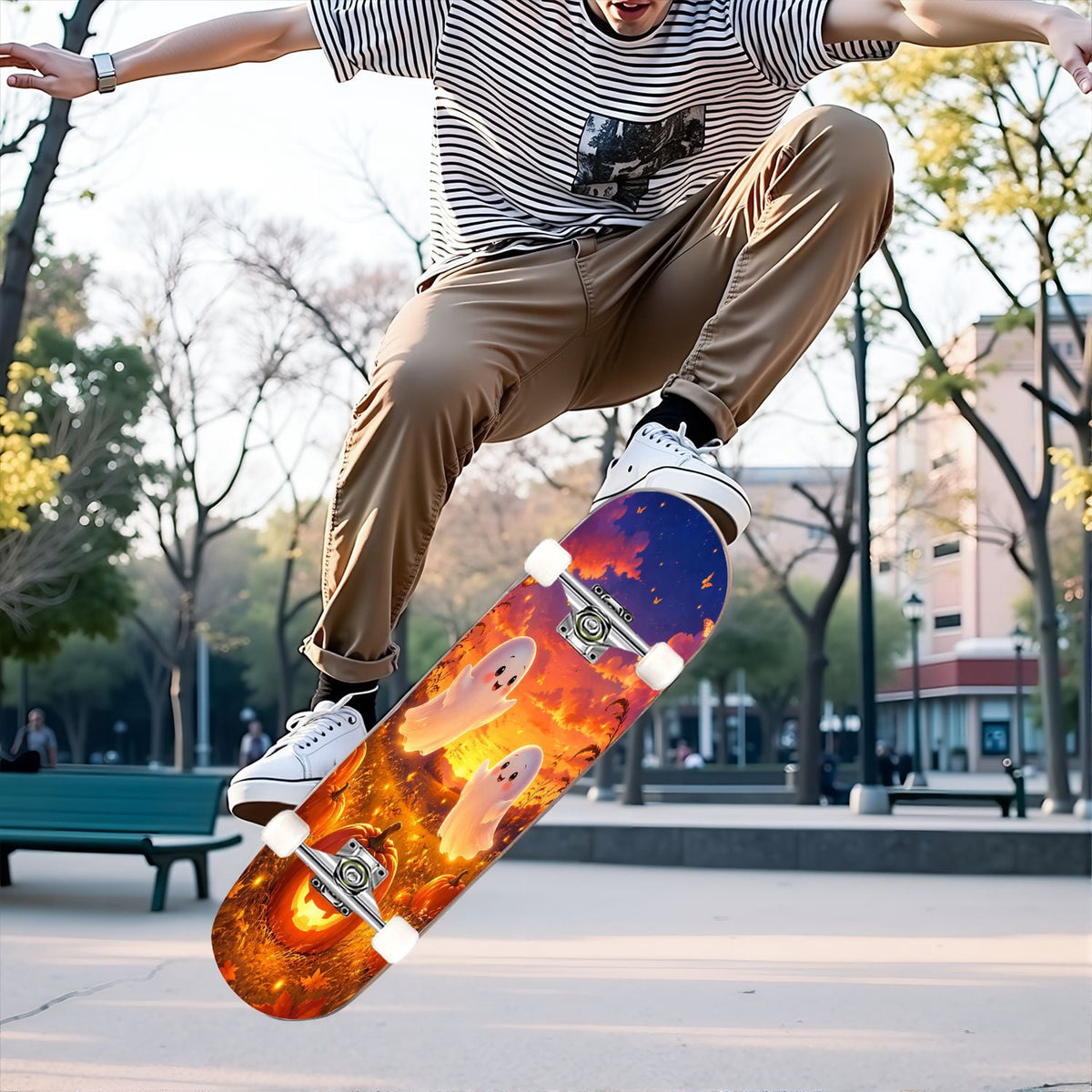 31"x8" Complete Skateboards for Beginners,Halloween Black Cats Pumpkins Ghosts Bats Beige Double Kick 7 Ply Canadian Maple Deck Skateboard with Wheels, Gifts for Kids Teens