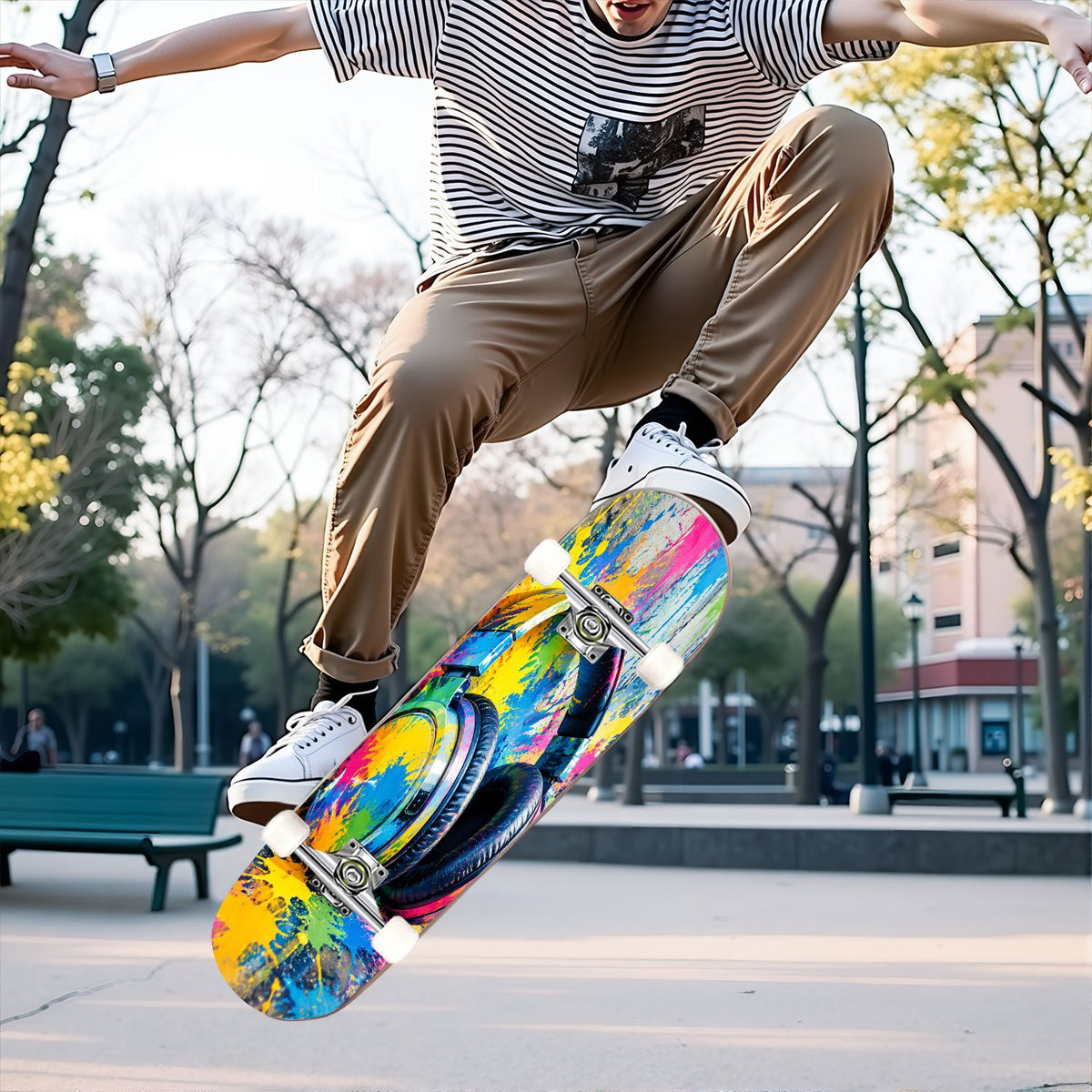 Complete Skateboard Colorful Splash Art Headphones 31 Inch 7-Ply Maple Skateboard with PU Wheels and Aluminum Trucks, Ready-to-Ride Skateboard for Beginners, Teens and Adults