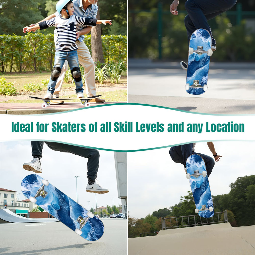31"x8" abstract paint water blue sea Complete Skateboard for Beginners waves watercolor seamless 7 Layer Maple Deck Double Kick Kids Skateboard with 85A PU Wheels Gifts for Kids Teens