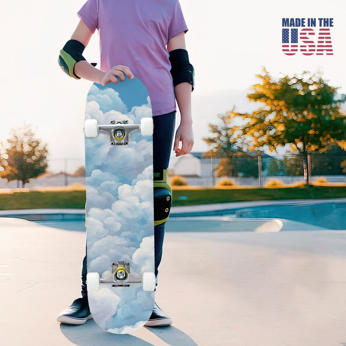 31"x8" Complete Skateboards for Beginners, Cute Light Blue Sky Cartoon Summer Decor Double Kick 7 Ply Canadian Maple Deck Skateboard with Wheels, Gifts for Kids Teens