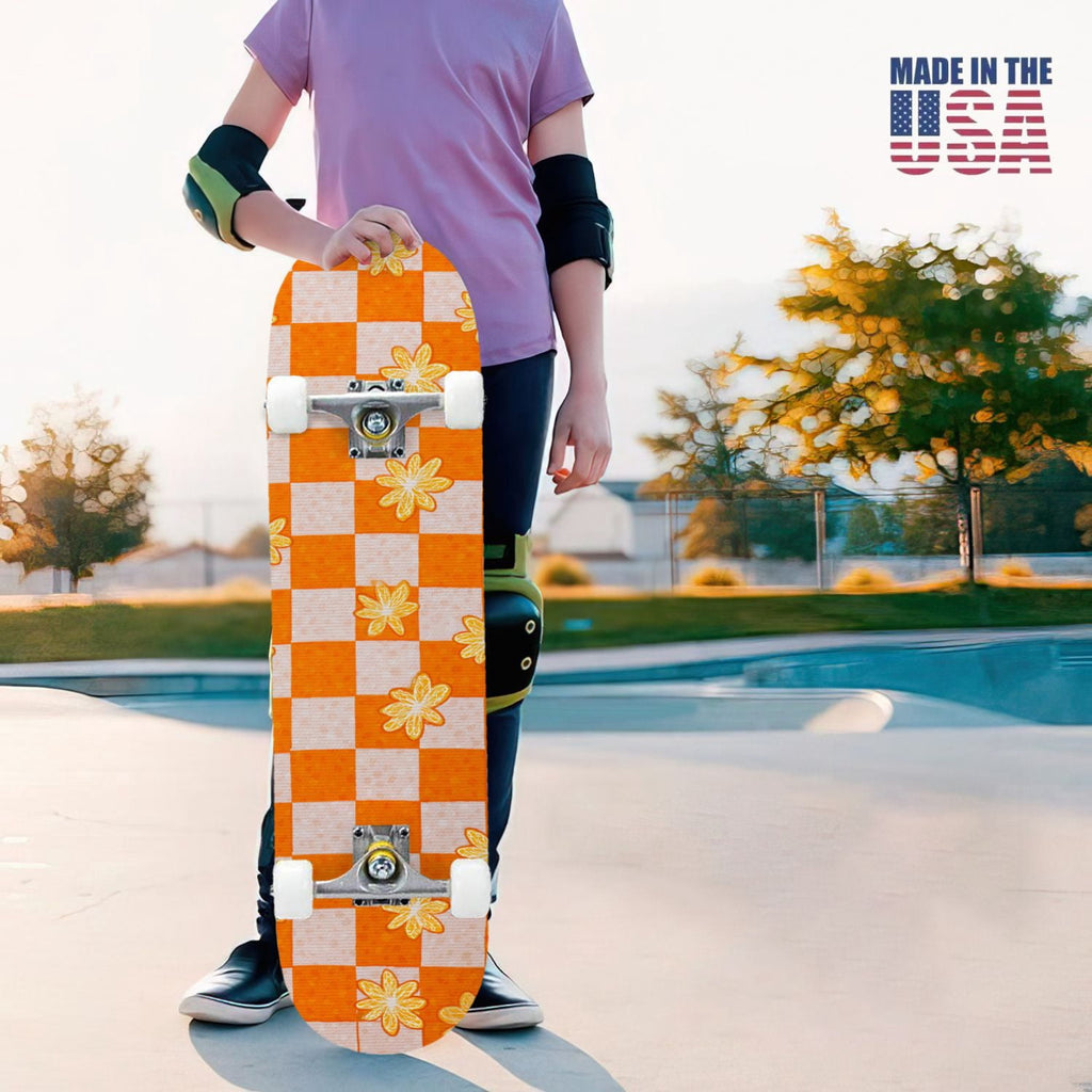 31"x8" Complete Skateboards for Beginners,Light Green White Gingham Checkered Double Kick 7 Ply Canadian Maple Deck Skateboard with Wheels, Gifts for Kids Teens
