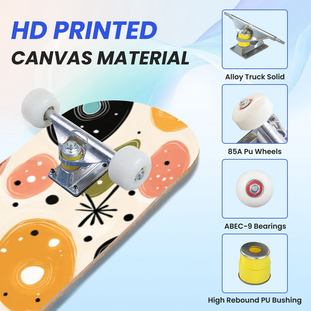 31"x8" Complete Skateboards for Beginners,Cartoon Hand Drawn Ice Cream Doodles Seamless Cones Cupcakes Double Kick 7 Ply Canadian Maple Deck Skateboard with Wheels, Gifts for Kids Teens