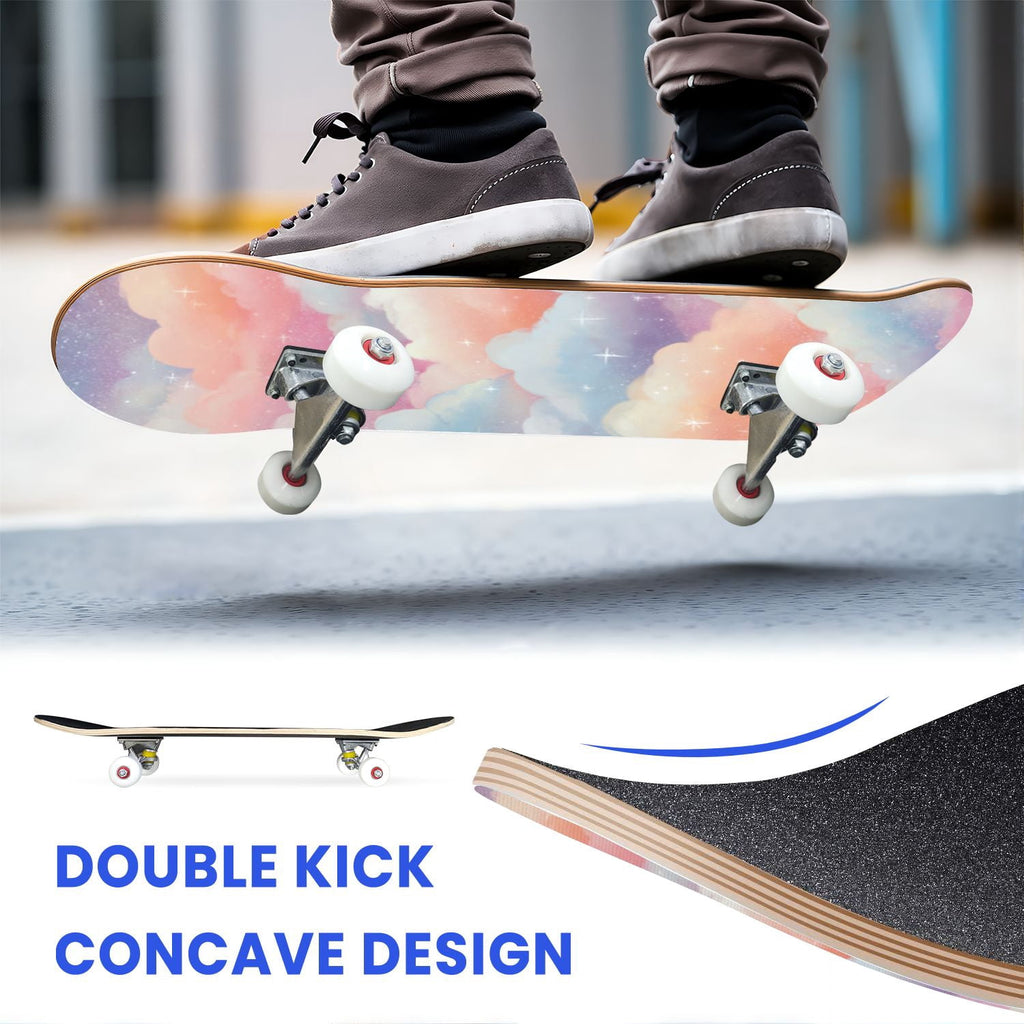 31"x8" Complete Skateboards for Beginners, Pastel Clouds Sparkles Dreamy Gradient Sky Summer Decor Double Kick 7 Ply Canadian Maple Deck Skateboard with Wheels, Gifts for Kids Teens