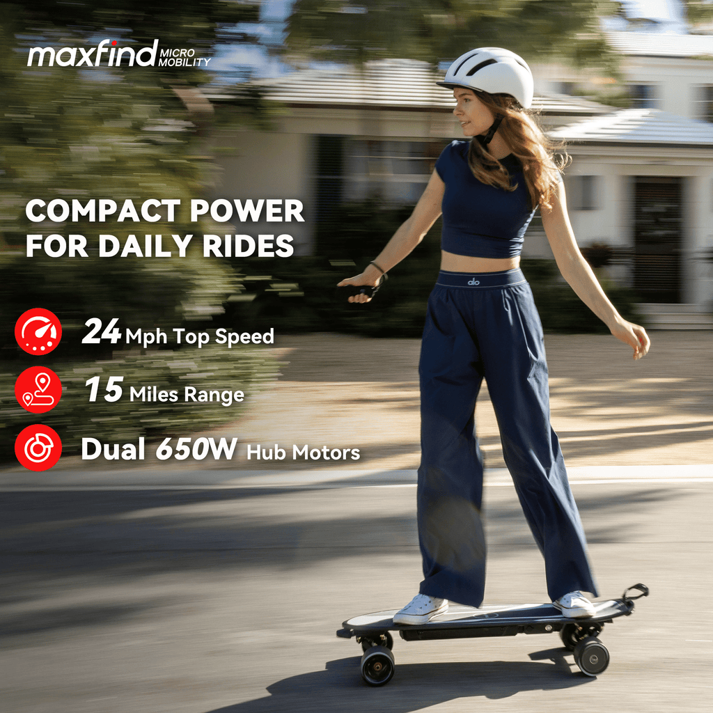 Maxfind Cyber Mini Electric Skateboard with Remote, 32.8", Dual Hub Motors, 24 mph, 15 Miles, App Control