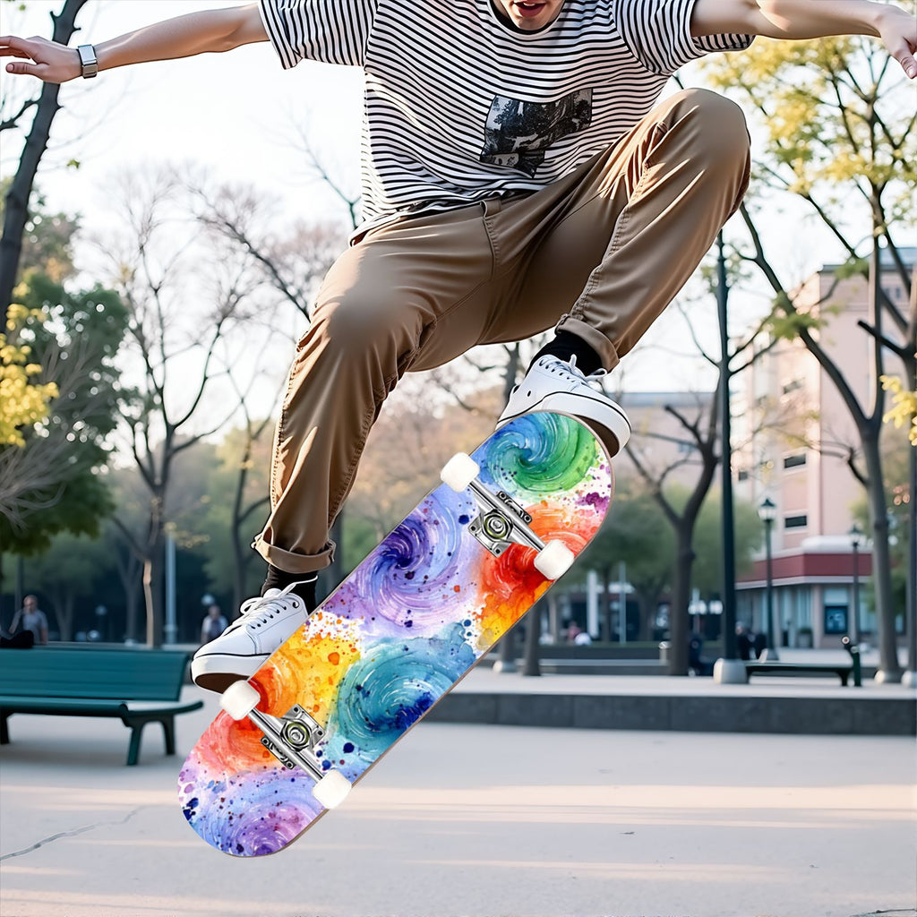 31"x8" Complete Skateboards for Beginners, Vintage Forest Woodland Large Trees Leaves River Cottage Double Kick 7 Ply Canadian Maple Deck Skateboard with Wheels, Gifts for Kids Teens