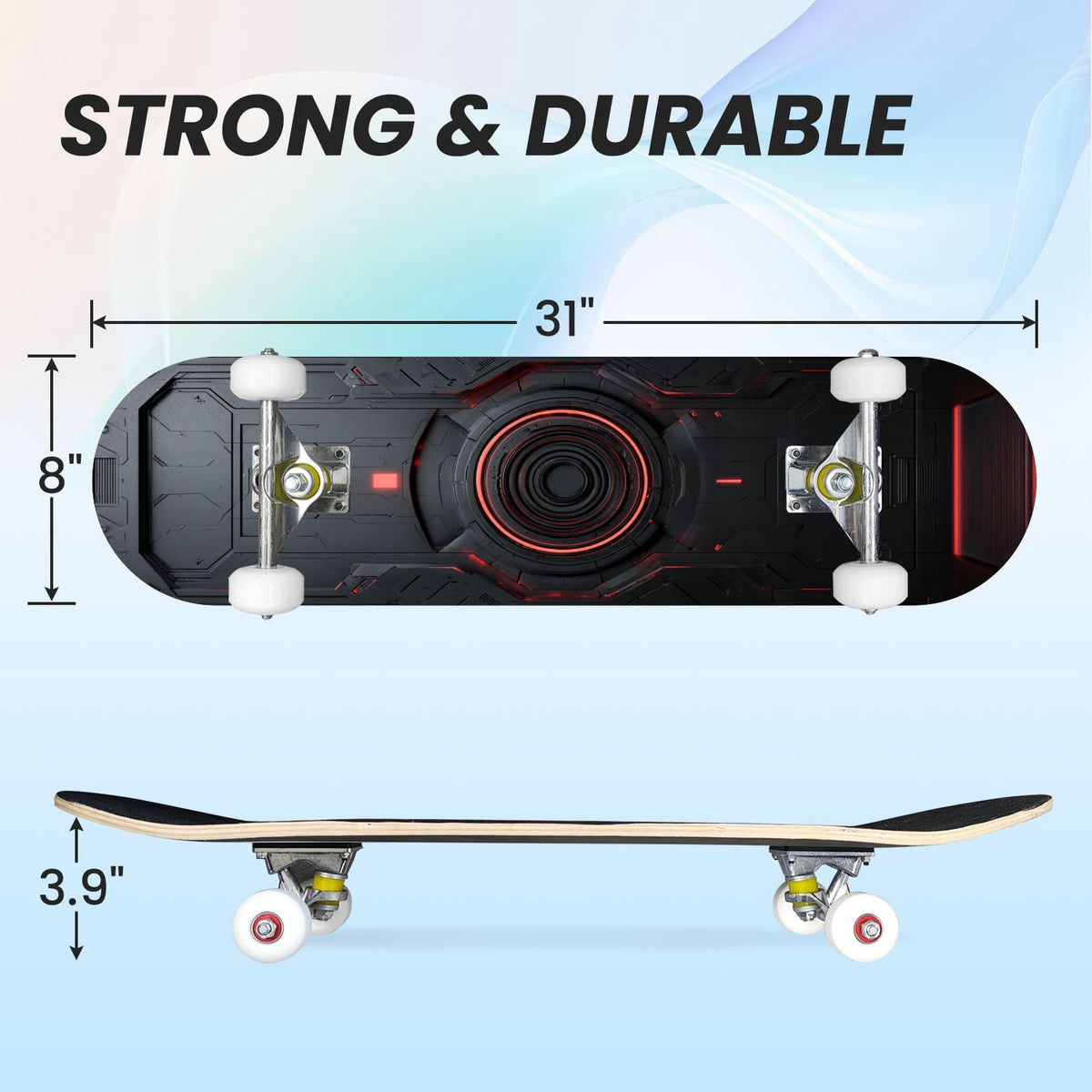 31"x8" Complete Skateboards for Beginners,Geometric Hexagon Glowing Neon Blue Purple Double Kick 7 Ply Canadian Maple Deck Skateboard with Wheels, Gifts for Kids Teens