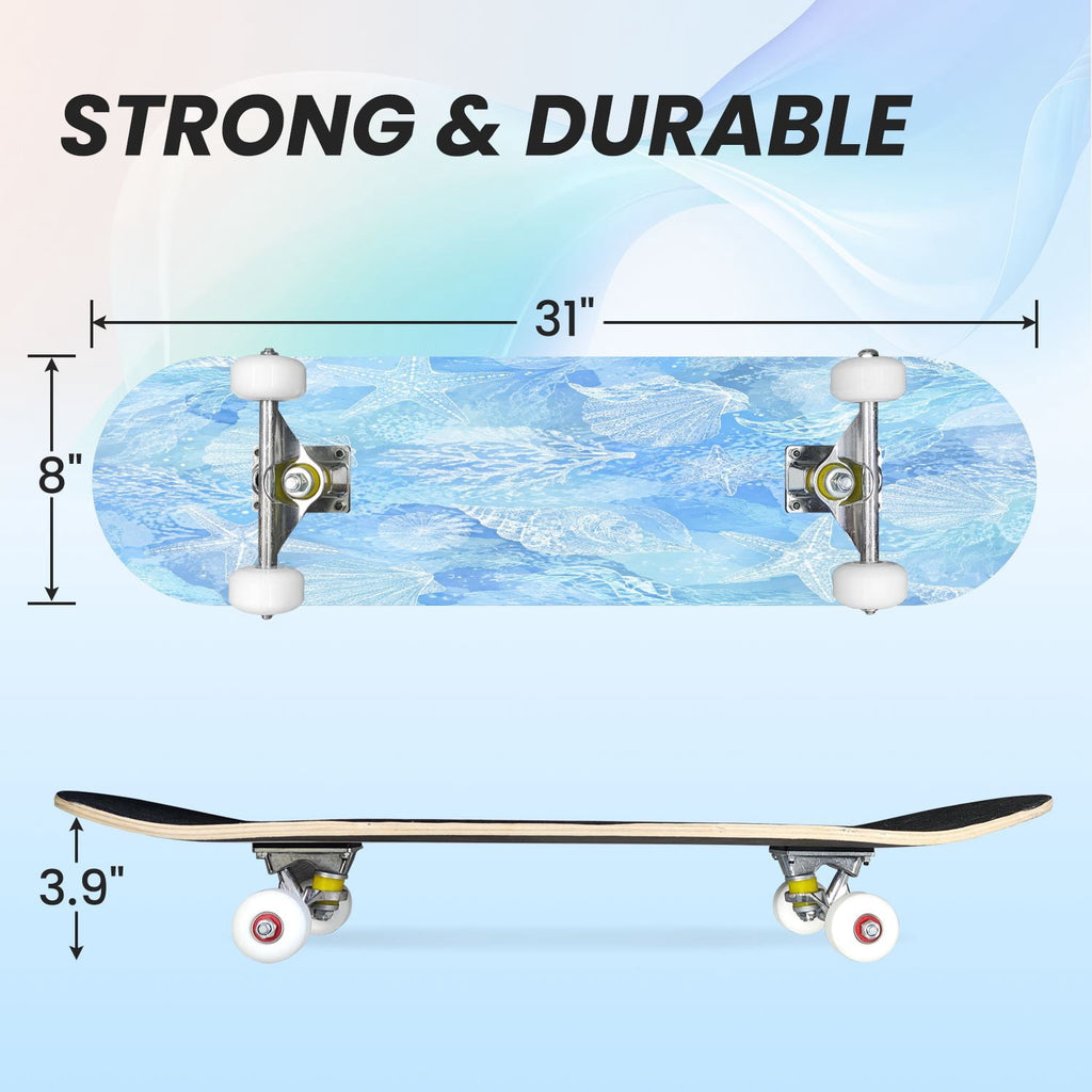 31"x8" Complete Skateboards for Beginners,Blue Botanical Leaf White Double Kick 7 Ply Canadian Maple Deck Skateboard with Wheels, Gifts for Kids Teens