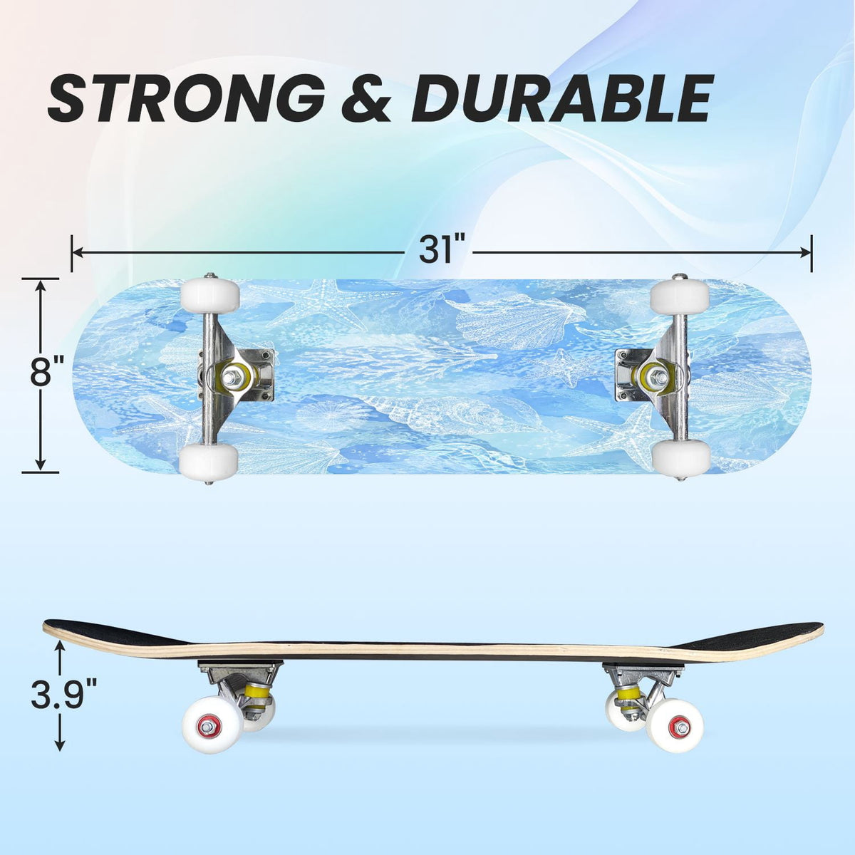 31"x8" Complete Skateboards for Beginners,Blue Botanical Leaf White Double Kick 7 Ply Canadian Maple Deck Skateboard with Wheels, Gifts for Kids Teens