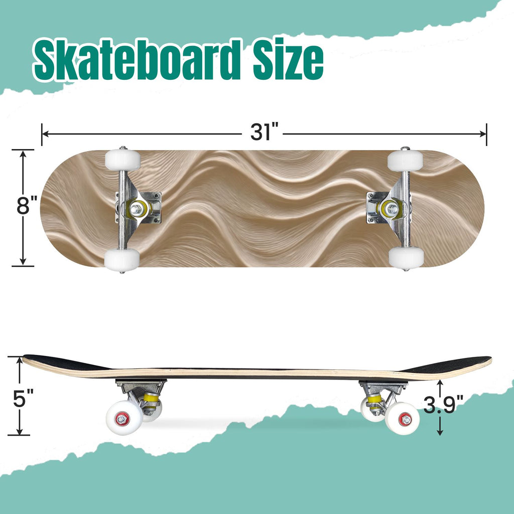 Beige Waves Flowing Lines 3D Effect 31" x 8" Complete Skateboard, 7-Ply Canadian Maple Double Kick Trick Board for Kids and Beginners Adult Gifts