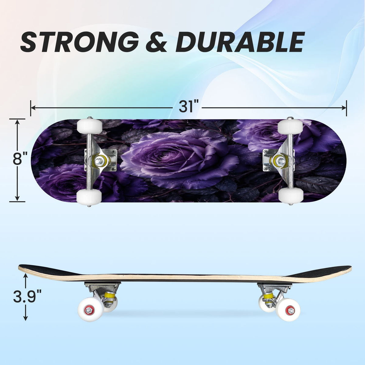 31"x8" Complete Skateboards for Beginners, Vibrant Purple Teal Floral Artwork Golden Accents Vintage Double Kick 7 Ply Canadian Maple Deck Skateboard with Wheels, Gifts for Kids Teens