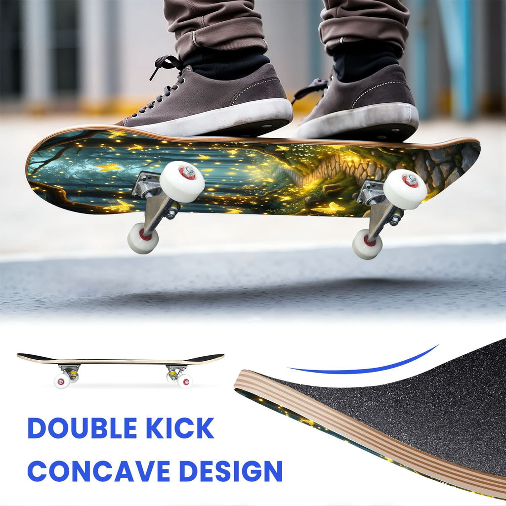 31"x8" Complete Skateboards for Beginners, Magical Forest Glowing Mushrooms Twinkling Fantasy Double Kick 7 Ply Canadian Maple Deck Skateboard with Wheels, Gifts for Kids Teens