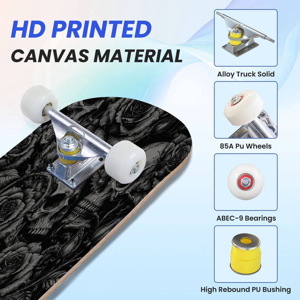 31"x8" Complete Skateboards for Beginners,Halloween Themed Pumpkins Witch Hats Spooky Double Kick 7 Ply Canadian Maple Deck Skateboard with Wheels, Gifts for Kids Teens