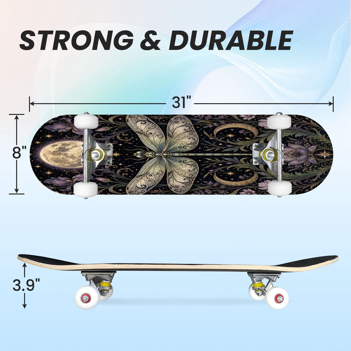 31"x8" Complete Skateboards for Beginners, Butterfly Garden Vintage Botanical Motifs Dark Green Teal Double Kick 7 Ply Canadian Maple Deck Skateboard with Wheels, Gifts for Kids Teens
