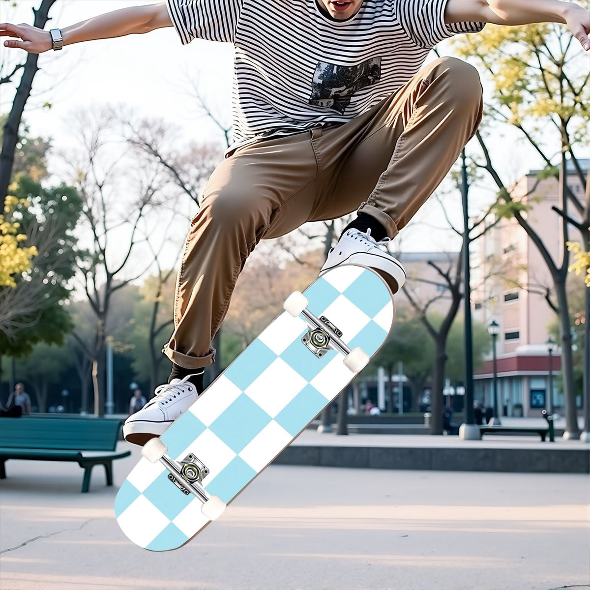 31"x8" Complete Skateboards for Beginners,Pink White Gingham Checkered Subtle Double Kick 7 Ply Canadian Maple Deck Skateboard with Wheels, Gifts for Kids Teens