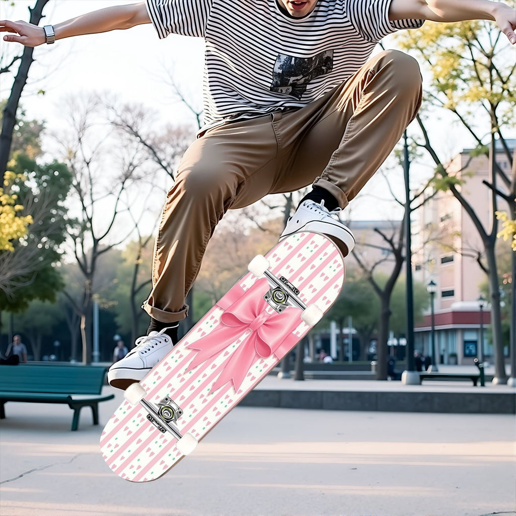 31"x8" Complete Skateboards for Beginners, Pink Bow Heart Vertical Stripes Romantic Double Kick 7 Ply Canadian Maple Deck Skateboard with Wheels, Gifts for Kids Teens