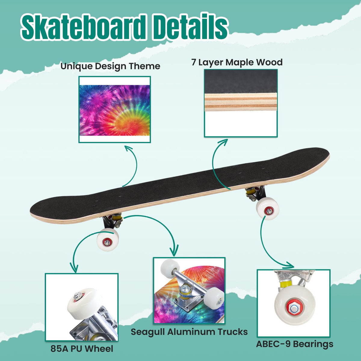 Starry Nebula Deep Blue Purple Tones Cosmic Clouds Stars 31" x 8" Complete Skateboard, 7-Ply Canadian Maple Double Kick Trick Board for Kids and Beginners Adult Gifts