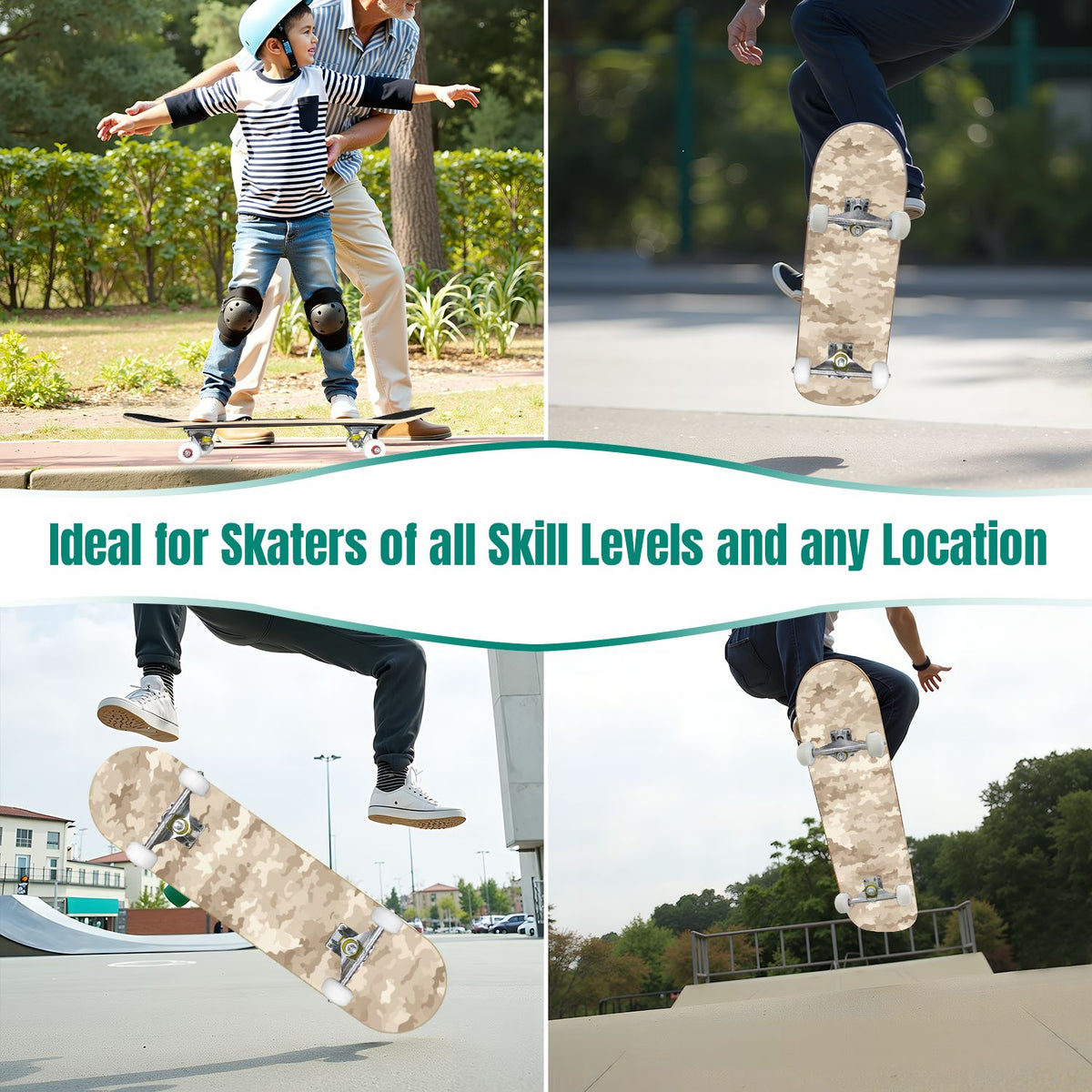 31"x8" Complete Skateboards for Beginners,Desert Camouflage Beige Tan Cream Organic Abstract Shapes Double Kick 7 Ply Canadian Maple Deck Skateboard with Wheels, Gifts for Kids Teens