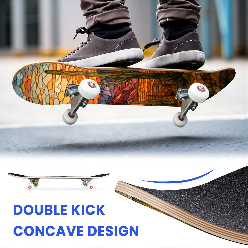 31"x8" Complete Skateboards for Beginners, Vibrant Stained Glass Window Butterflies Flowers Double Kick 7 Ply Canadian Maple Deck Skateboard with Wheels, Gifts for Kids Teens
