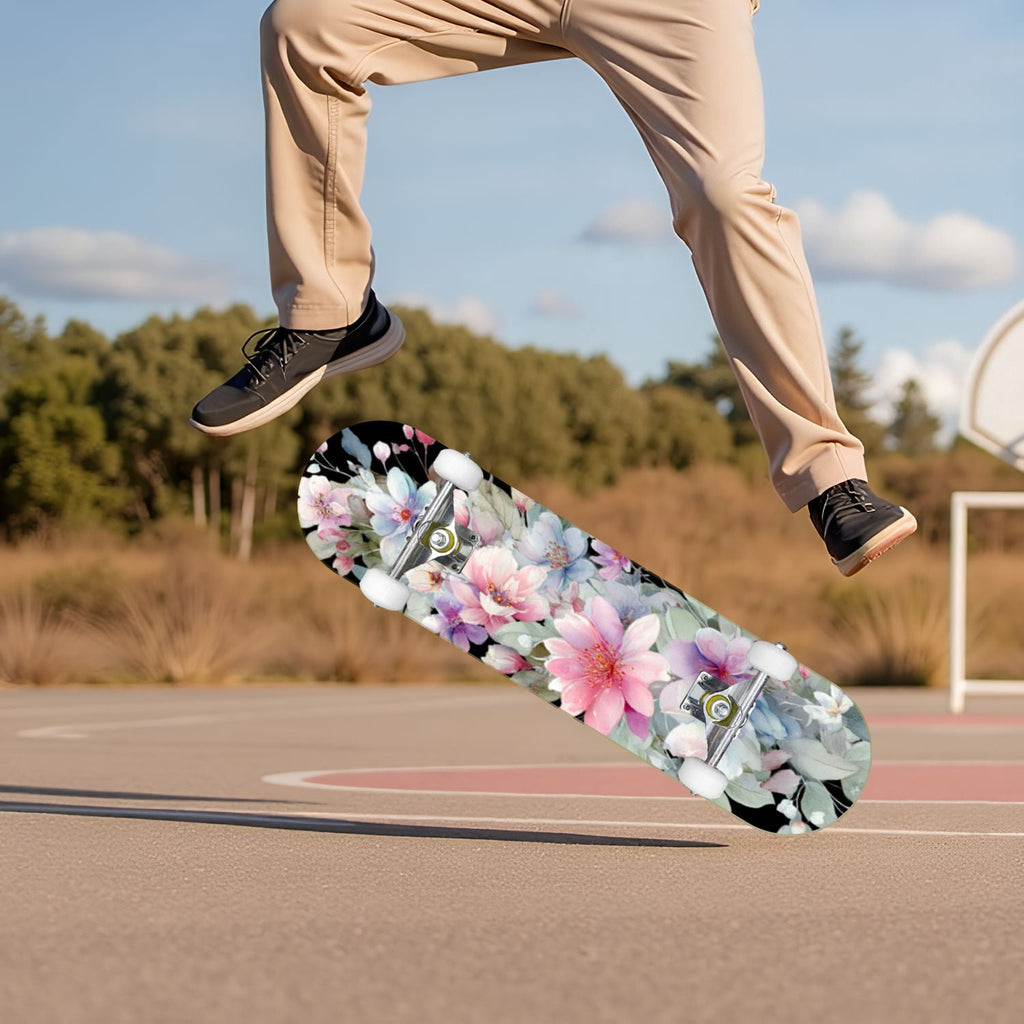 Watercolor Botanical Blue Green Leaves Flowers 31" x 8" Complete Skateboard, 7-Ply Canadian Maple Double Kick Trick Board for Kids and Beginners Adult Gifts