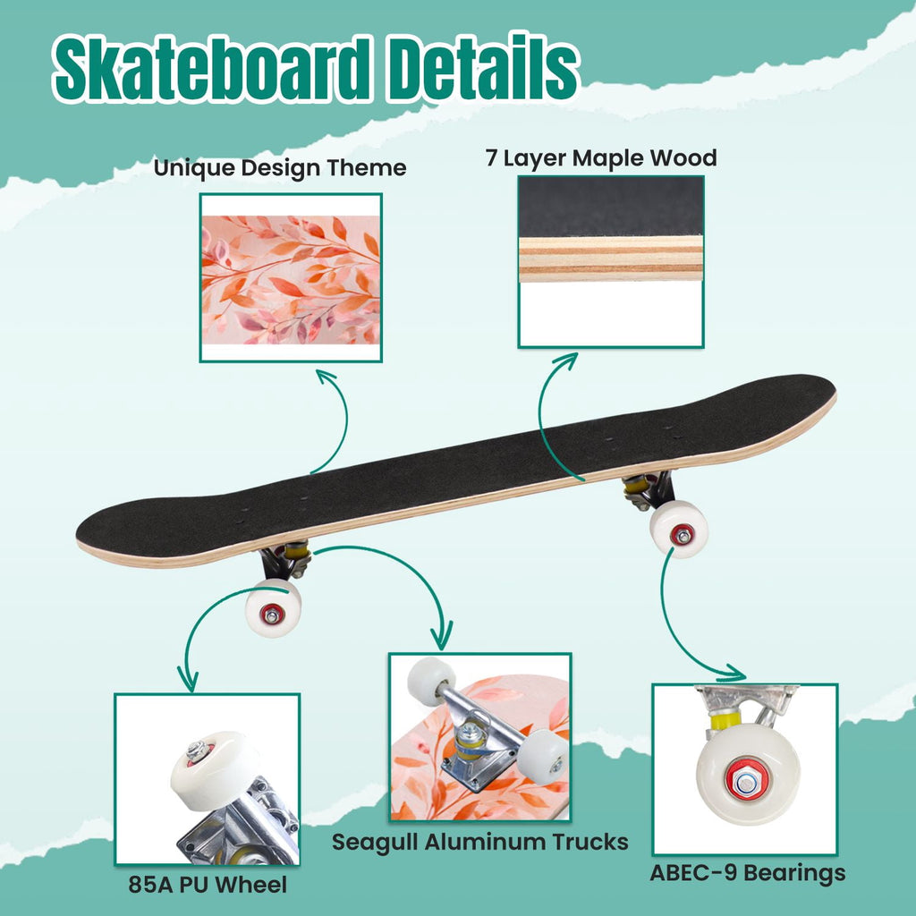 Autumn Forest Camouflage Oak Leaves Tree Branches 31" x 8" Complete Skateboard, 7-Ply Canadian Maple Double Kick Trick Board for Kids and Beginners Adult Gifts