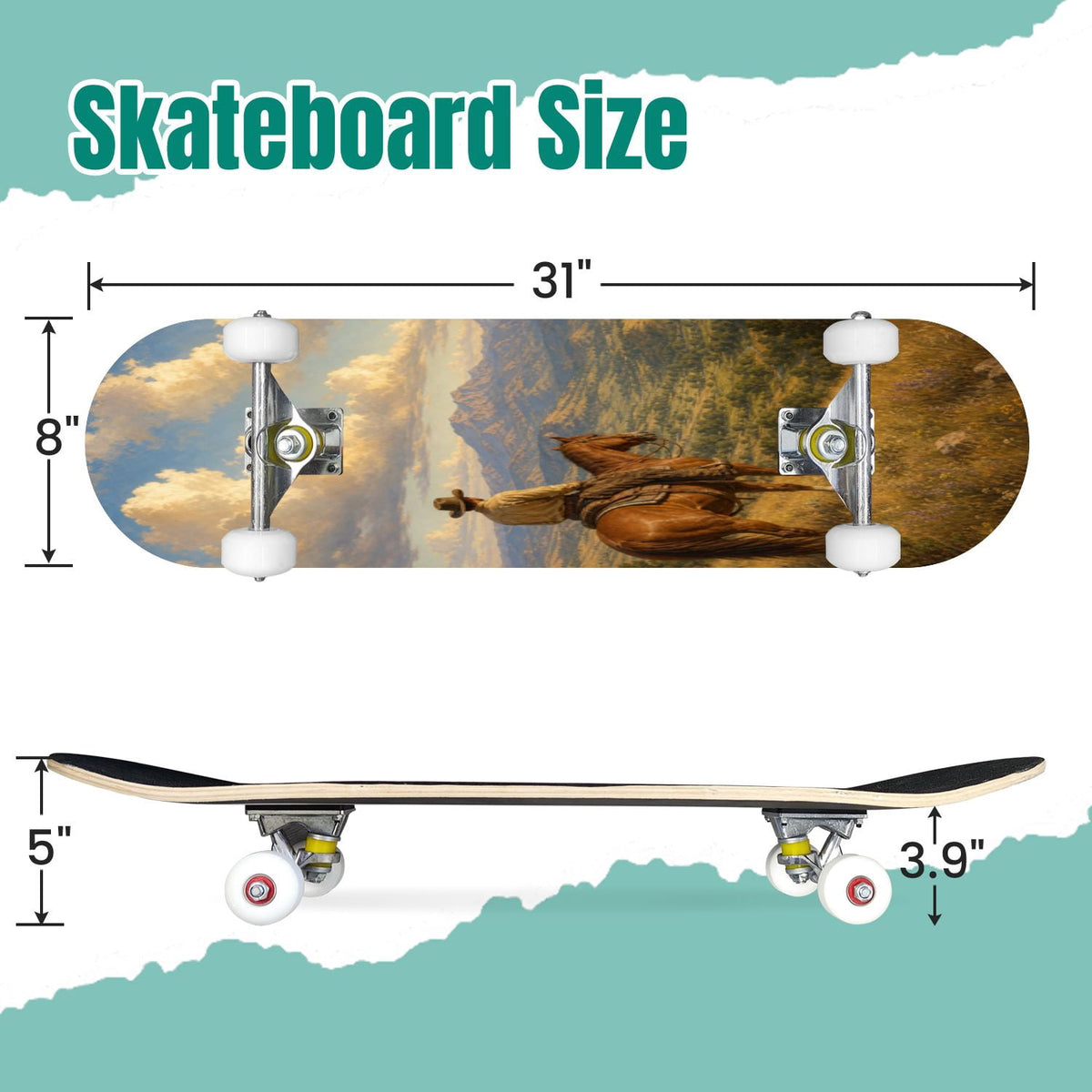 Abstract Geometric Curved Shapes Earthy Tones 31" x 8" Complete Skateboard, 7-Ply Canadian Maple Double Kick Trick Board for Kids and Beginners Adult Gifts