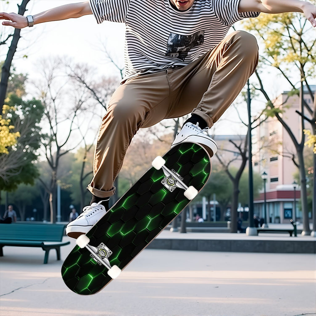 31"x8" Complete Skateboards for Beginners, Abstract Geometric Vibrant Neon Line Accents Dark Futuristic Double Kick 7 Ply Canadian Maple Deck Skateboard with Wheels, Gifts for Boys Teens