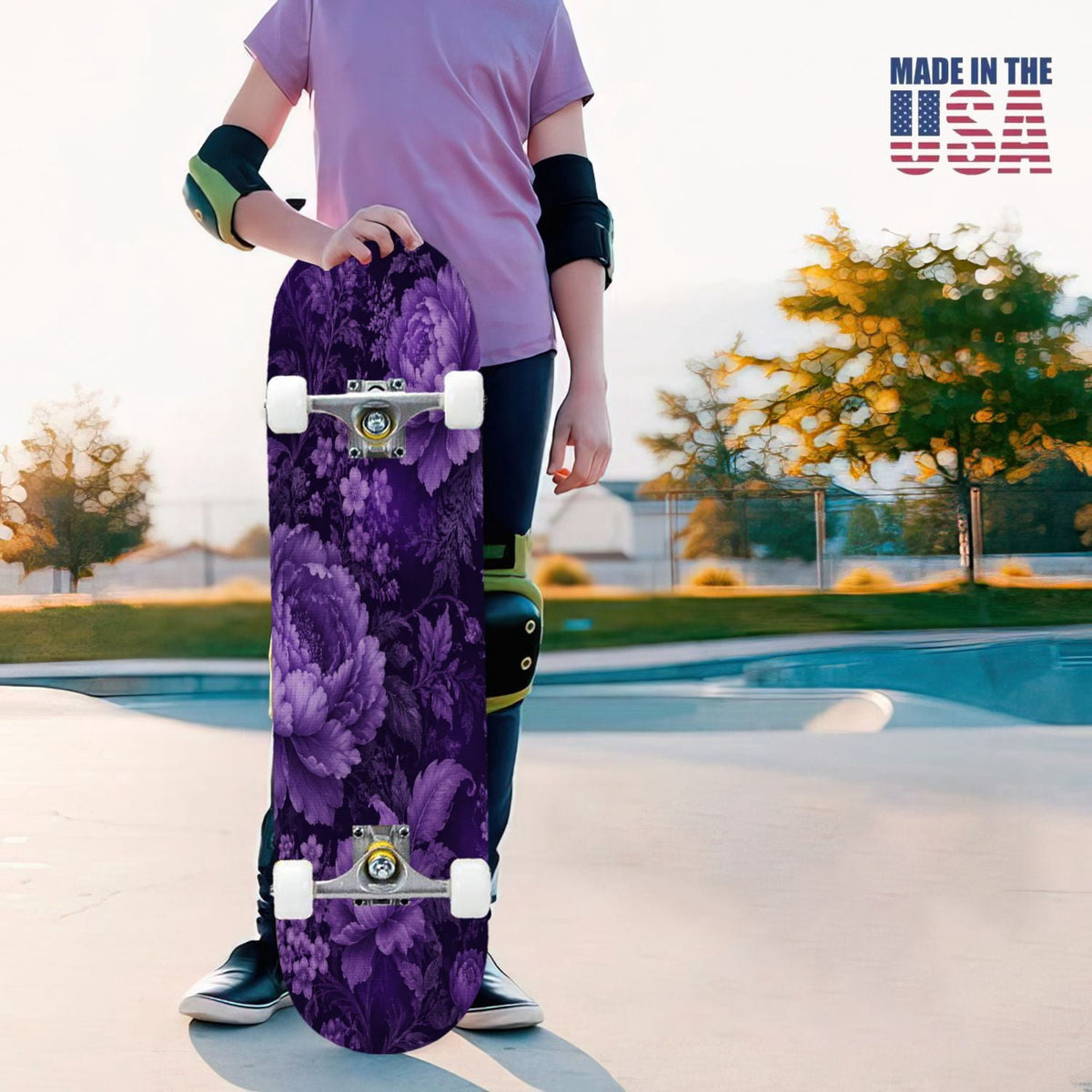 31"x8" Complete Skateboards for Beginners, Purple Celestial Moon Sun Art Floral Stars Double Kick 7 Ply Canadian Maple Deck Skateboard with Wheels, Gifts for Kids Teens
